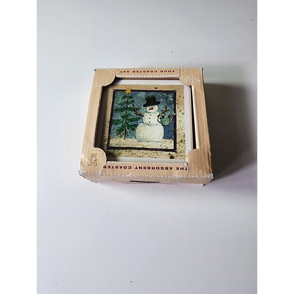 Winter Rustic SNOWMAN Absorbent Coaster Cork Backing Set of 4 with box - Picture 5 of 5